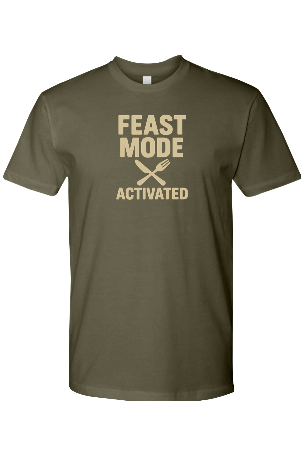 Olive green Thanksgiving t-shirt with "Feast Mode Activated" text and a fork and knife design funny humor fall holiday short sleeve shirt