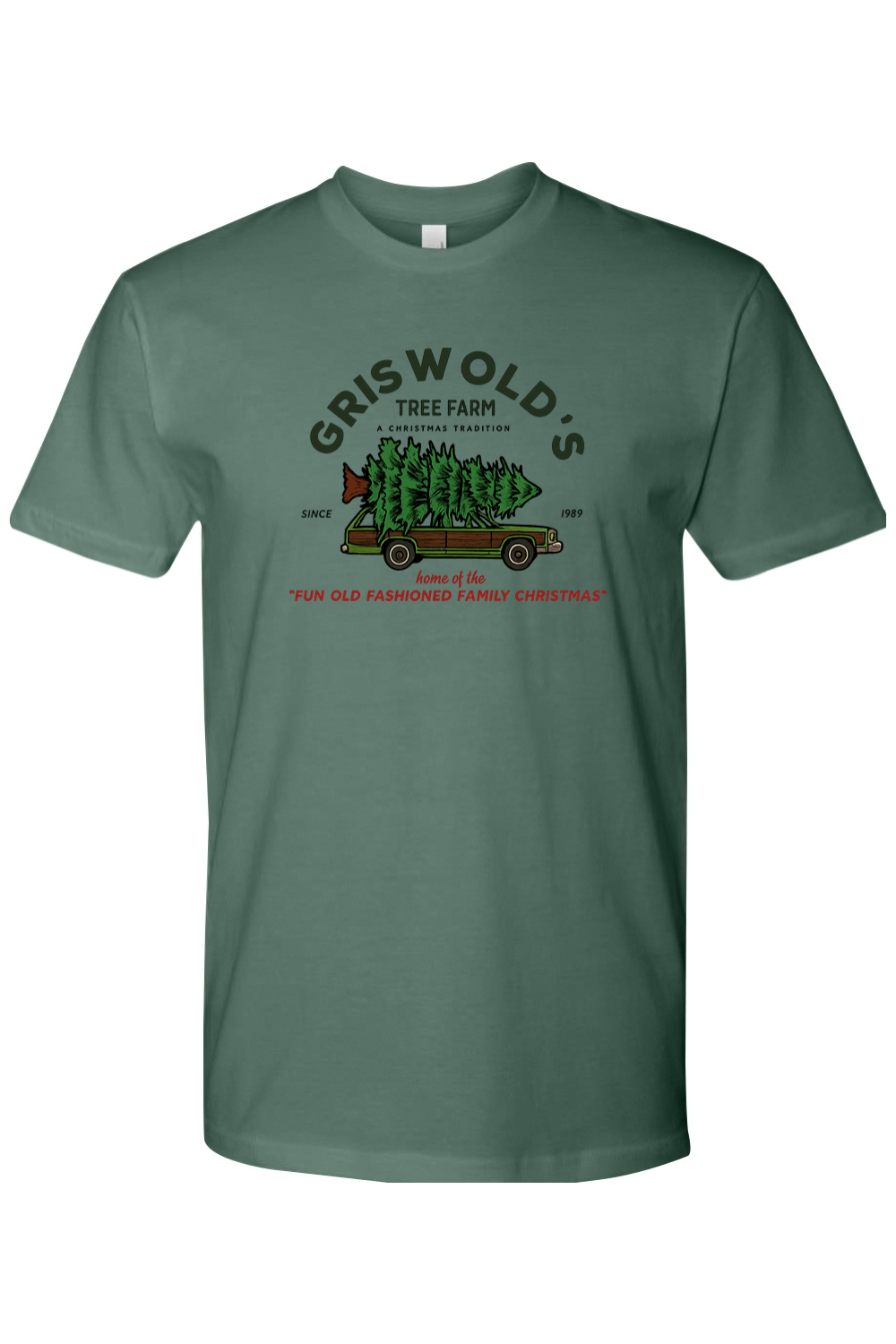Royal green Christmas t-shirt with "Griswold's Tree Farm A Christmas Tradition Since 1989 Home of the Fun Old Fashioned Family Christmas" text with a Christmas tree strapped onto a car design cool festive holiday short sleeve shirt