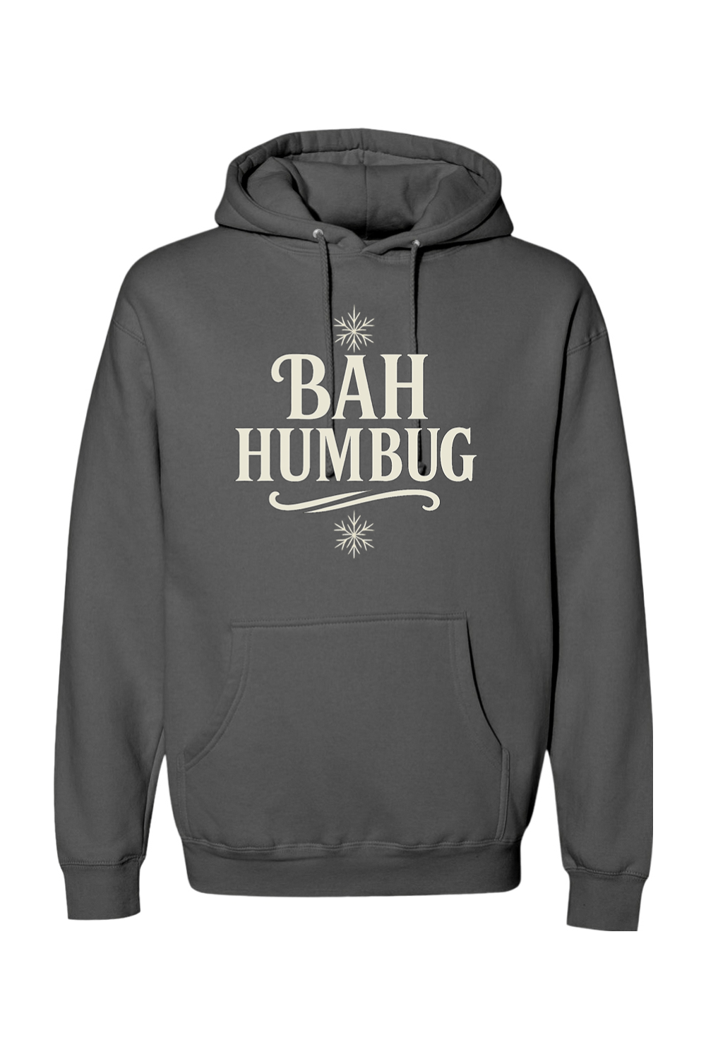 Dark gray Christmas hoodie with "BAH HUMBUG" text and a snowflake design funny sarcastic holiday humor long sleeve hooded sweatshirt
