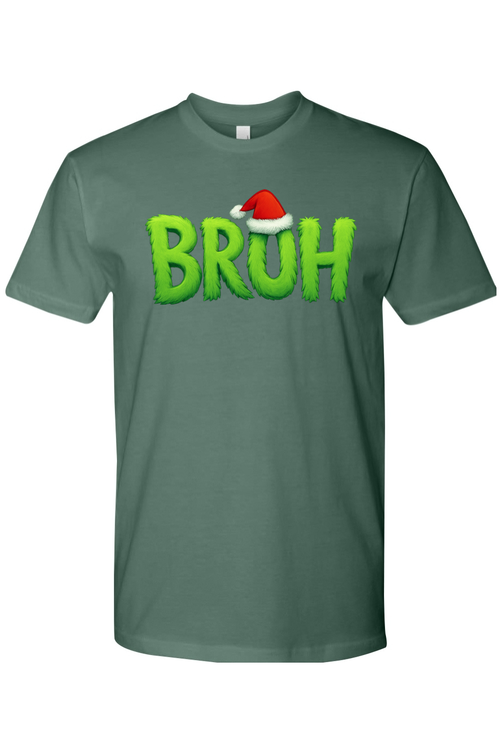 Pine green Christmas t-shirt with "BRUH" text with a Santa hat design funny holiday humor short sleeve shirt