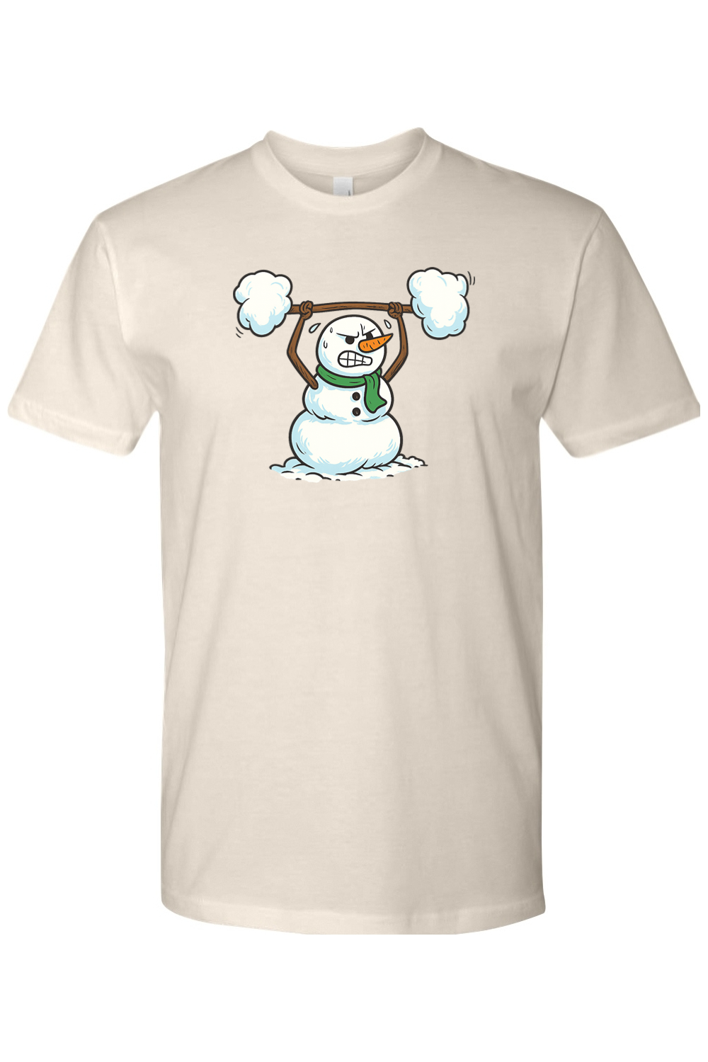 Beige Christmas t-shirt with a snowman lifting a snow barbell design funny gym humor winter holiday short sleeve shirt