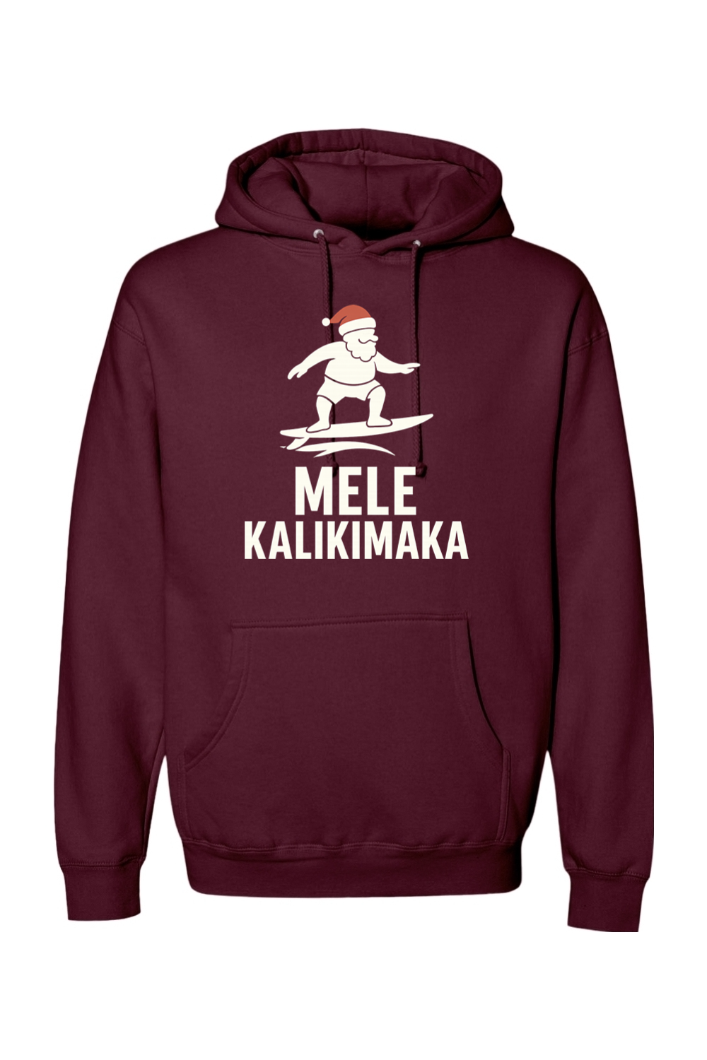Maroon Christmas hoodie with Santa surfing and "Mele Kalikimaka" text funny Hawaiian Christmas surf holiday long sleeve hooded sweatshirt