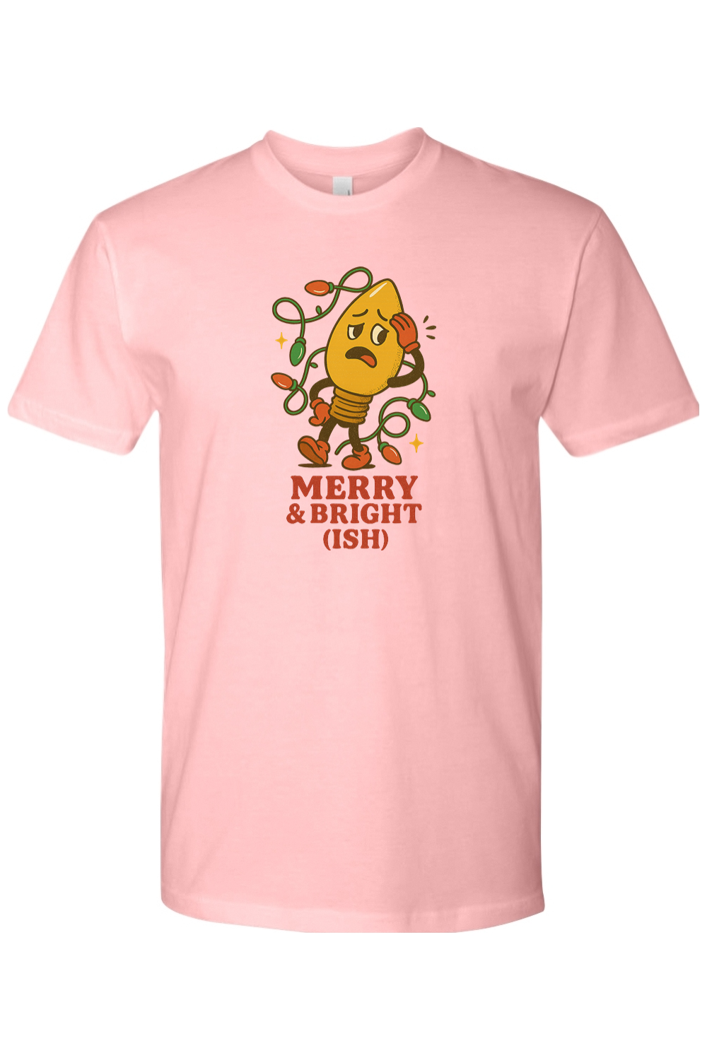 Light pink vintage Christmas t-shirt with "Merry & Bright (Ish)" text in red with a worried Christmas tree light bulb design funny sarcastic holiday humor short sleeve shirt