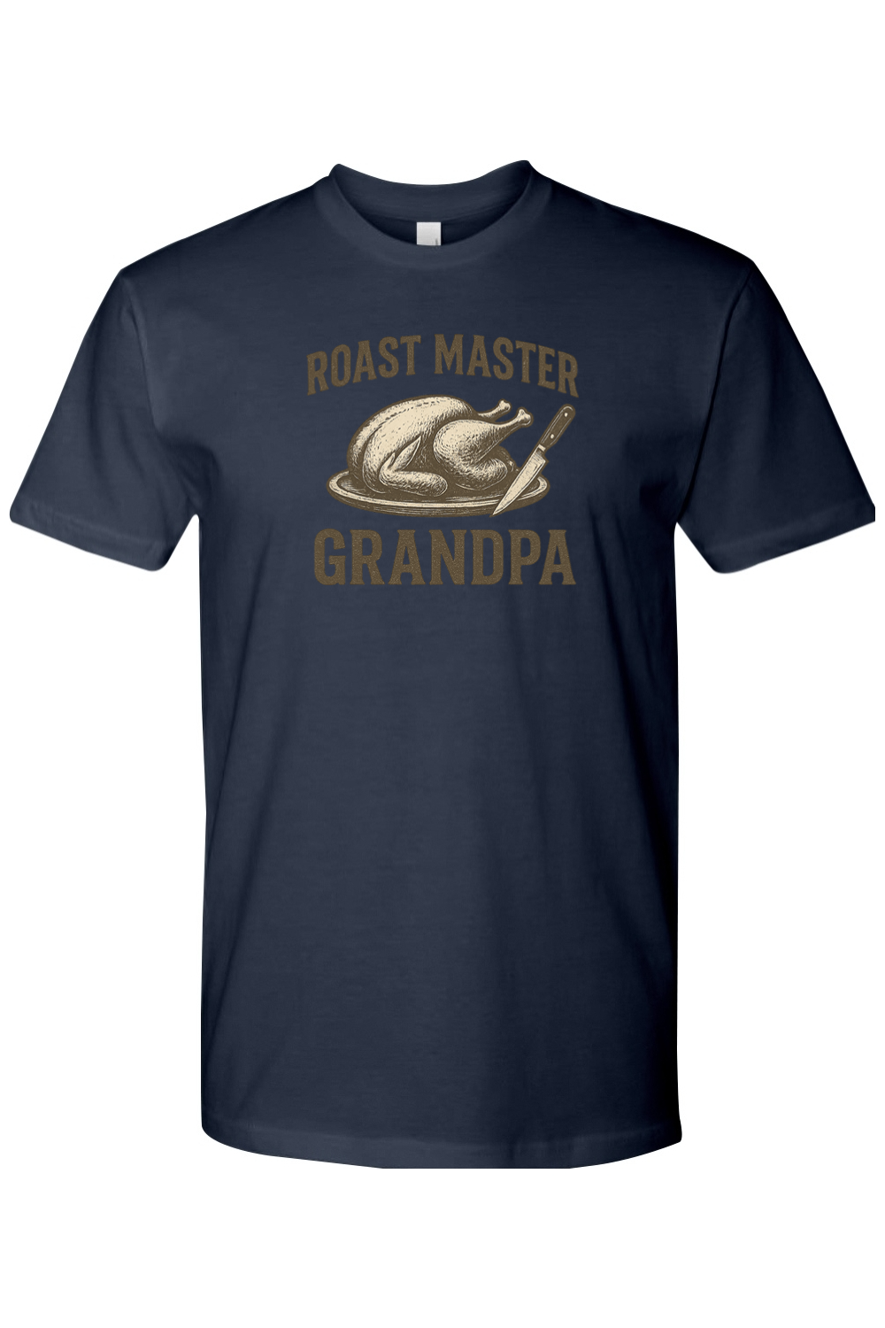 Navy blue Thanksgiving t-shirt with "Roast Master Grandpa" text with a turkey design grandparent funny fall holiday short sleeve shirt