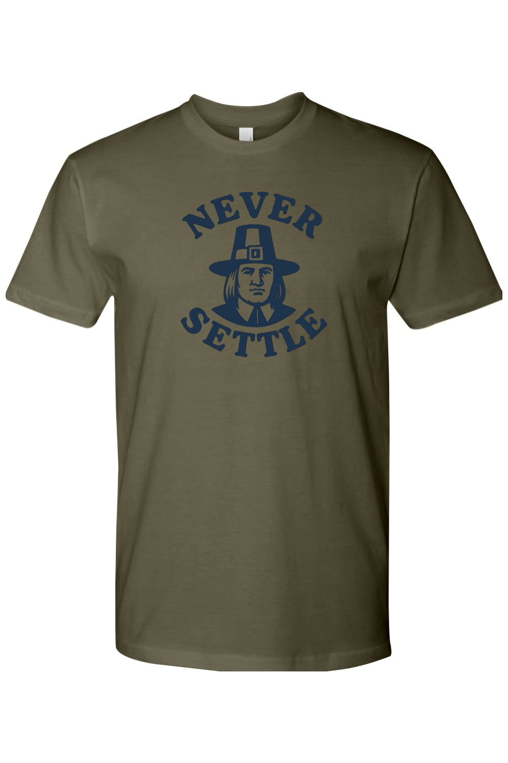 Dark olive green Thanksgiving t-shirt with "Never Settle" text and a pilgrim design funny sarcastic fall holiday short sleeve shirt