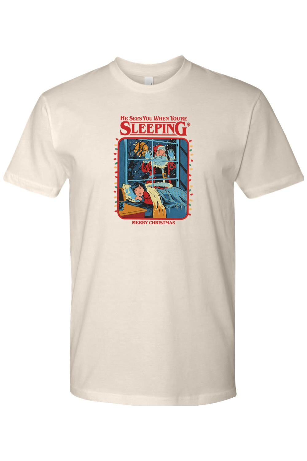 Light cream Christmas t-shirt with "He Sees You When You're Sleeping Merry Christmas" text in red with Santa looking through a kid's window design funny humor holiday short sleeve shirt