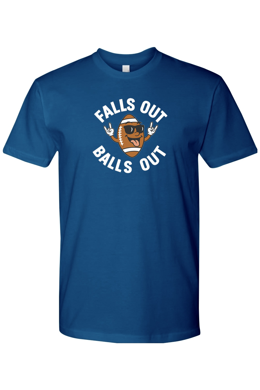 Royal blue Thanksgiving t-shirt with "Falls Out Balls Out" text in white with a football in sunglasses sticking out his tongue and hands in the rock pose design funny fall humor holiday short sleeve shirt