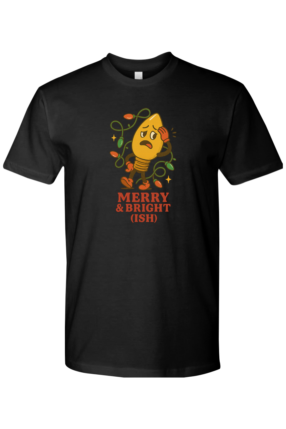 Black vintage Christmas t-shirt with "Merry & Bright (Ish)" text in red with a worried Christmas tree light bulb design funny sarcastic holiday humor short sleeve shirt