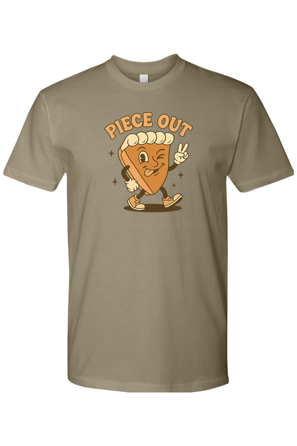 Light olive green Thanksgiving t-shirt with "Piece Out" text and a slice of pie winking and giving a peace sign cool retro trendy fall holiday short sleeve shirt