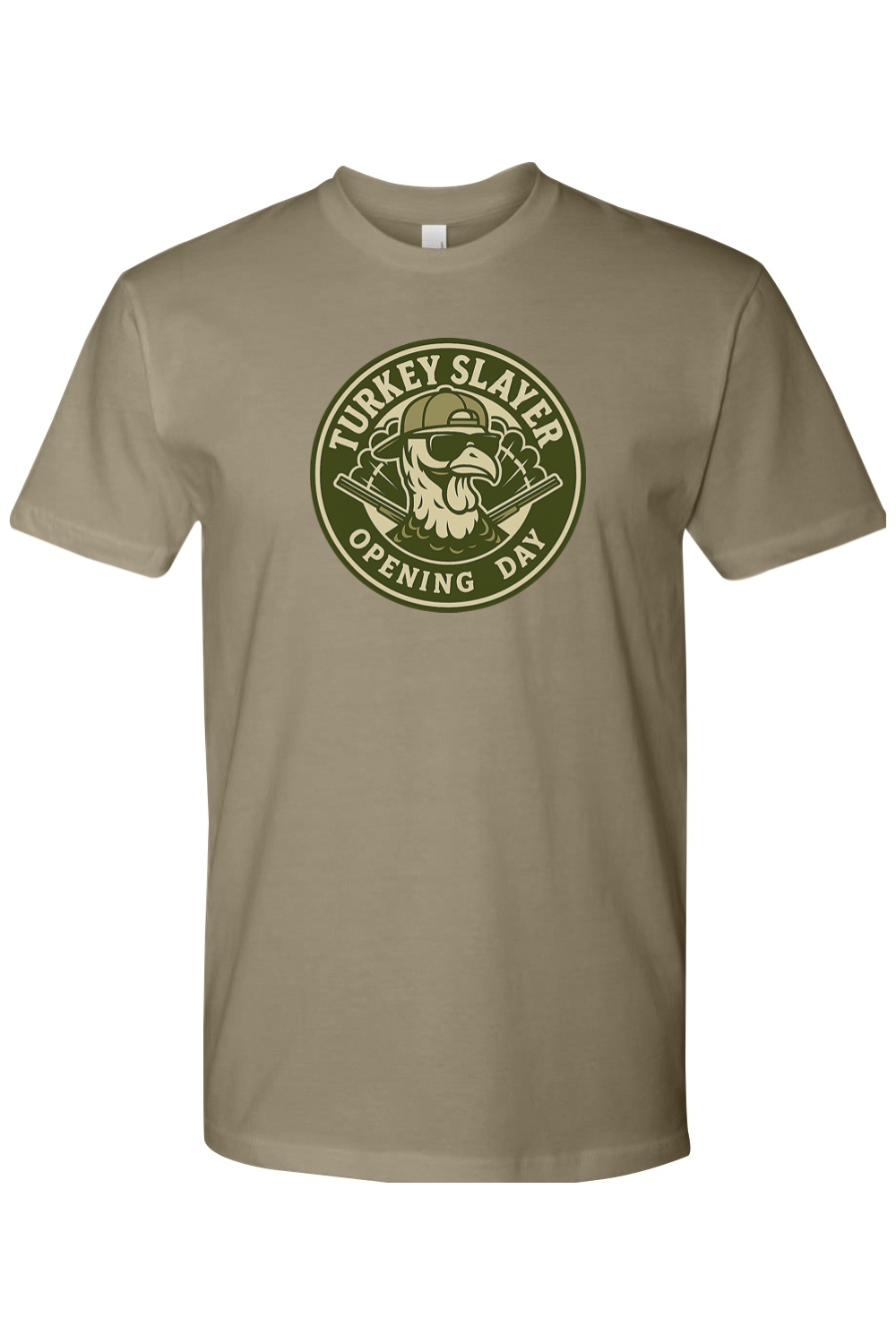 Light olive green Thanksgiving t-shirt with "Turkey Slayer Opening Day" text with a turkey badge design funny hunting fall short sleeve shirt