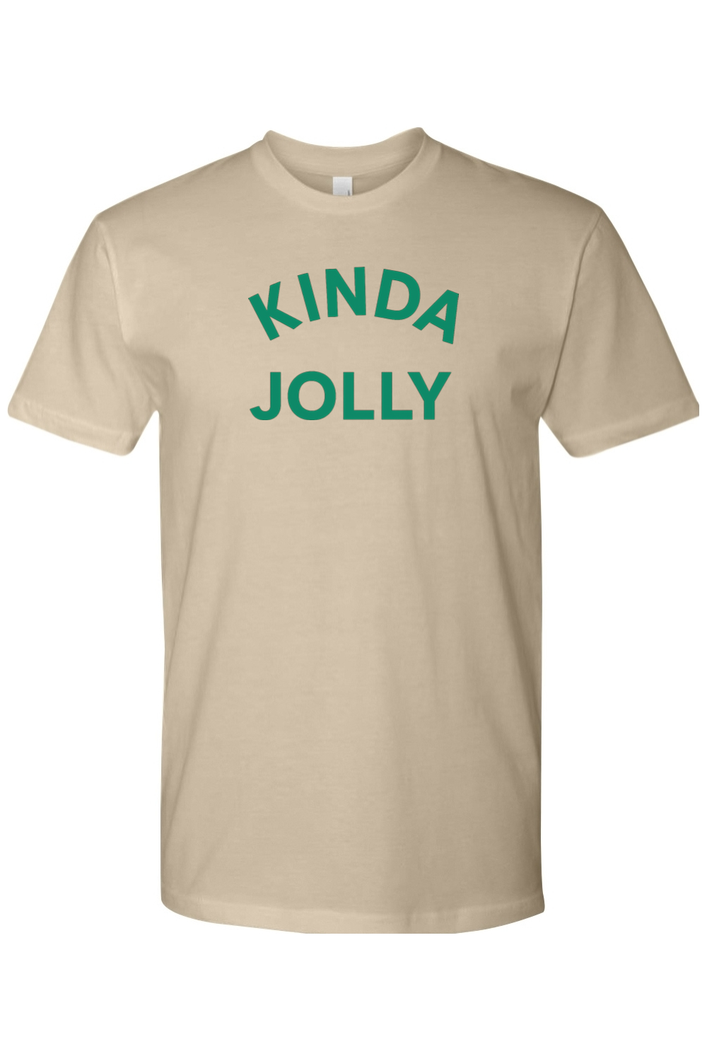 Dark beige Christmas t-shirt with "Kinda Jolly" text in green funny sarcastic holiday humor short sleeve shirt