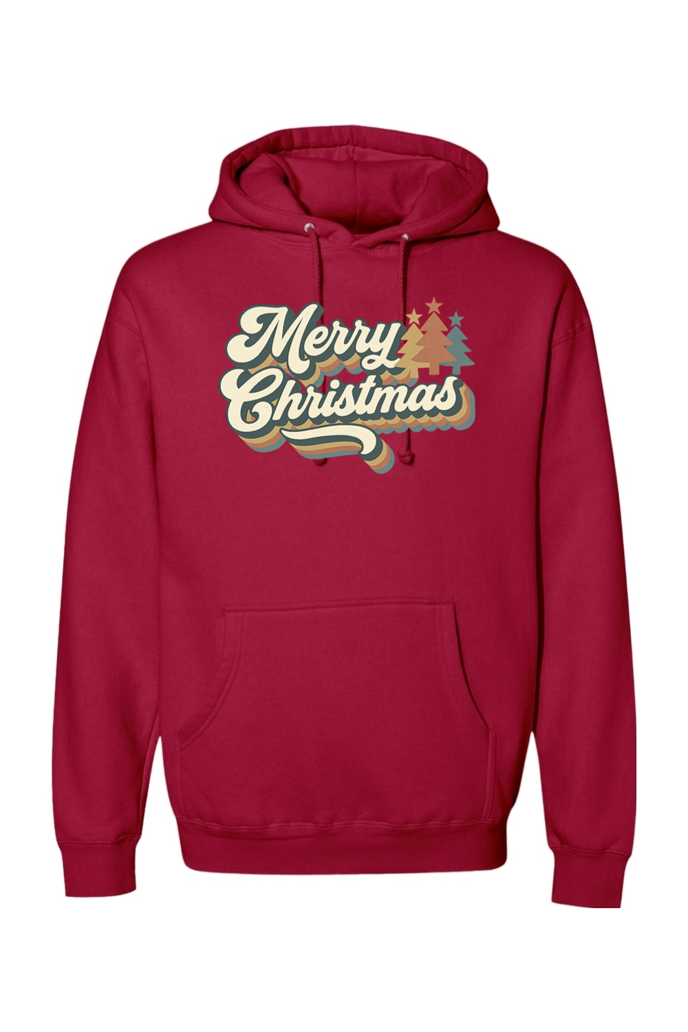 Red Christmas hoodie with "Merry Christmas" text in retro bubble font and Christmas trees design cute trendy festive holiday long sleeve hooded sweatshirt