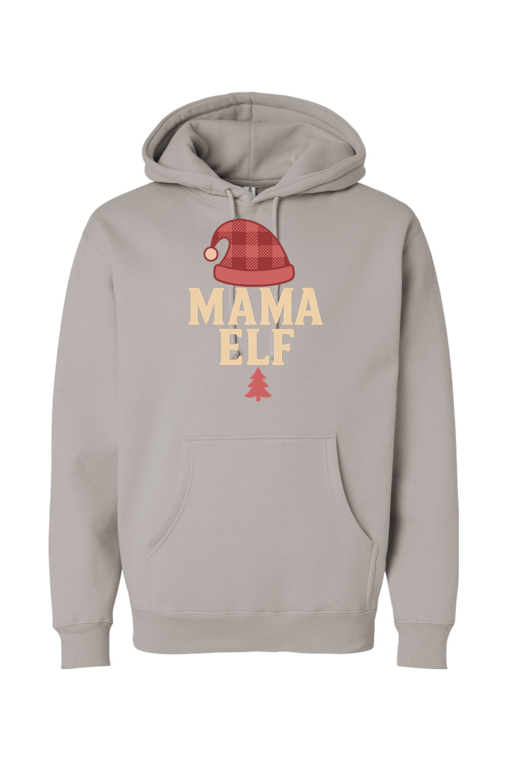 Gray Christmas hoodie with "Mama Elf" text with an elf hat and pine tree design cute trendy women's long sleeve hooded sweatshirt