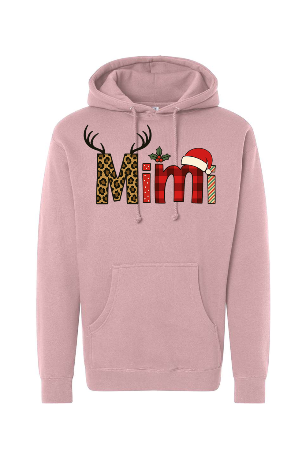 Pink Christmas hoodie with "Mimi" text antler design and the letters filled with leopard print, plaid, polka dots, and stripes cute grandma festive holiday long sleeve hooded sweatshirt