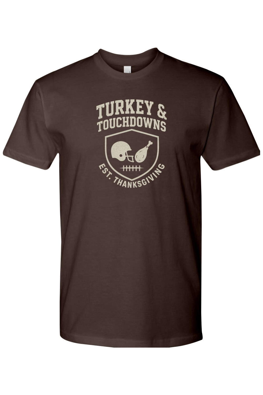 Brown Thanksgiving T-shirt with "Turkey & Touchdowns EST. Thanksgiving" text with a football helmet and turkey leg shield design cool fall holiday short sleeve shirt