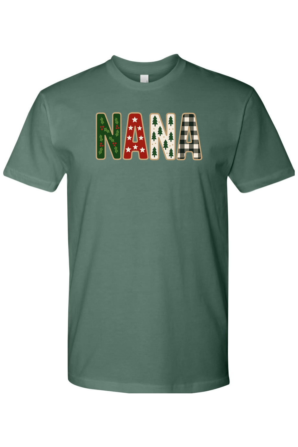 Pine green Christmas t-shirt with "NANA" text with holly, star, tree, and plaid patterns inside the letters cute trendy grandma grandmother holiday short sleeve shirt