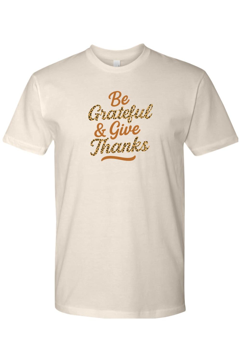 Cream beige Thanksgiving t-shirt with "Be Grateful & Give Thanks" text in leopard print with a wavy line design underneath cute trendy fall holiday short sleeve shirt
