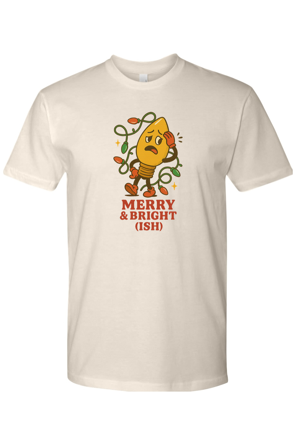 Beige vintage Christmas t-shirt with "Merry & Bright (Ish)" text in red with a worried Christmas tree light bulb design funny sarcastic holiday humor short sleeve shirt