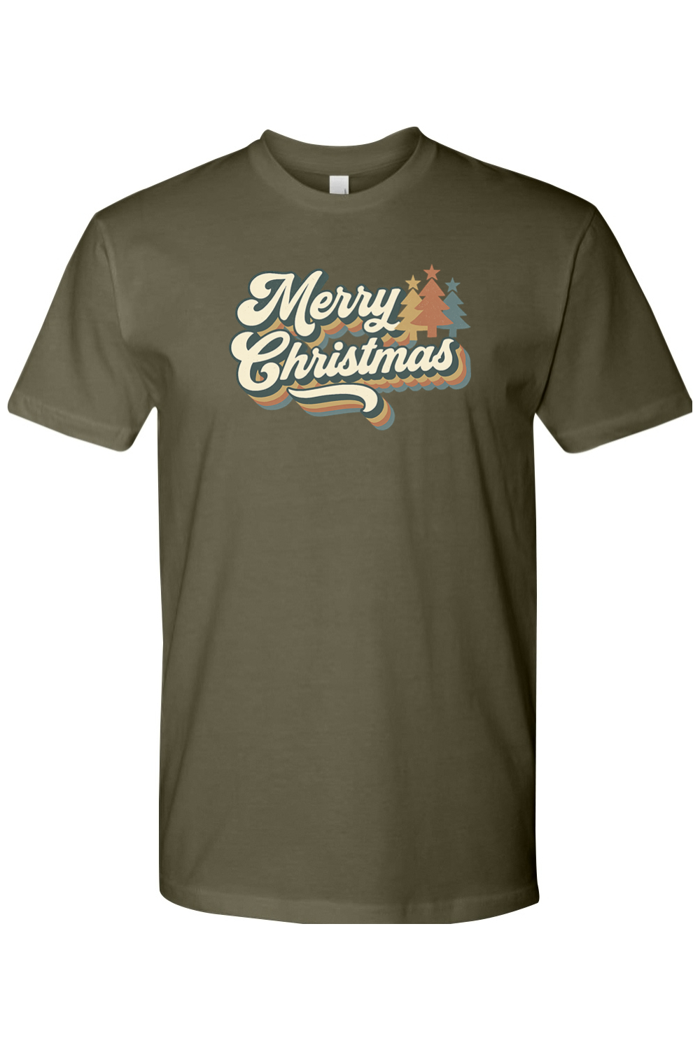 Olive green Christmas t-shirt with "Merry Christmas" text in retro bubble font and Christmas trees design cute trendy festive holiday short sleeve shirt