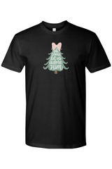 Black Oh Come Let Us Adore Him Christmas tree bow cute design t-shirt short sleeve Jesus faith Christian holiday shirt