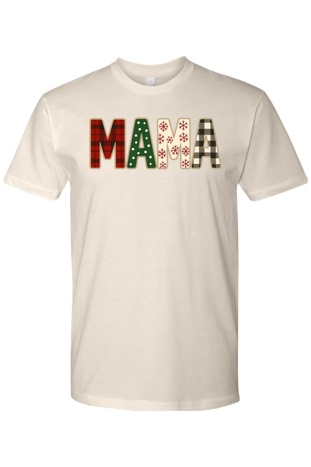 Beige Christmas t-shirt with "MAMA" text with plaid, polka dots, and snowflakes pattern inside lettering cute trendy mom holiday short sleeve shirt