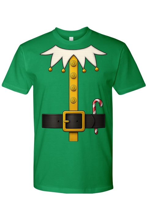 Green Christmas t-shirt with an elf costume design funny festive holiday short sleeve shirt