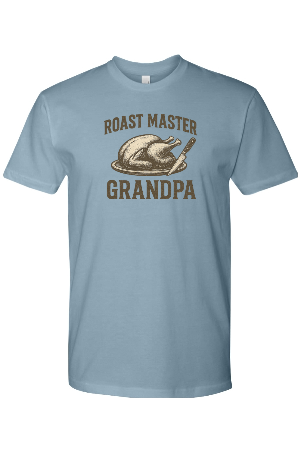 Blue Thanksgiving t-shirt with "Roast Master Grandpa" text with a turkey design grandparent funny fall holiday short sleeve shirt