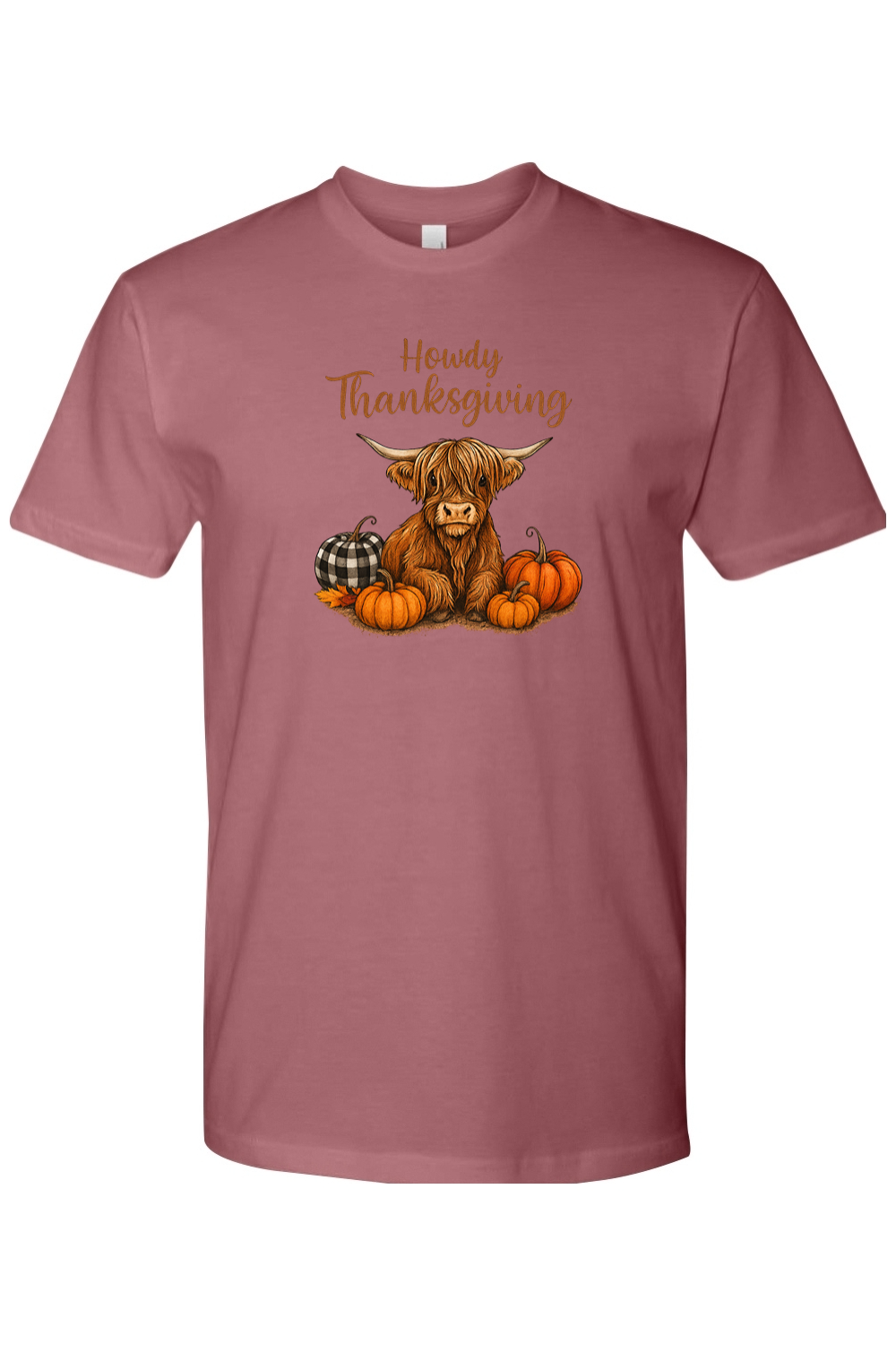 Mauve dark pink Thanksgiving t-shirt with "Howdy Thanksgiving" text and a highland cow with pumpkins cute country fall holiday short sleeve shirt