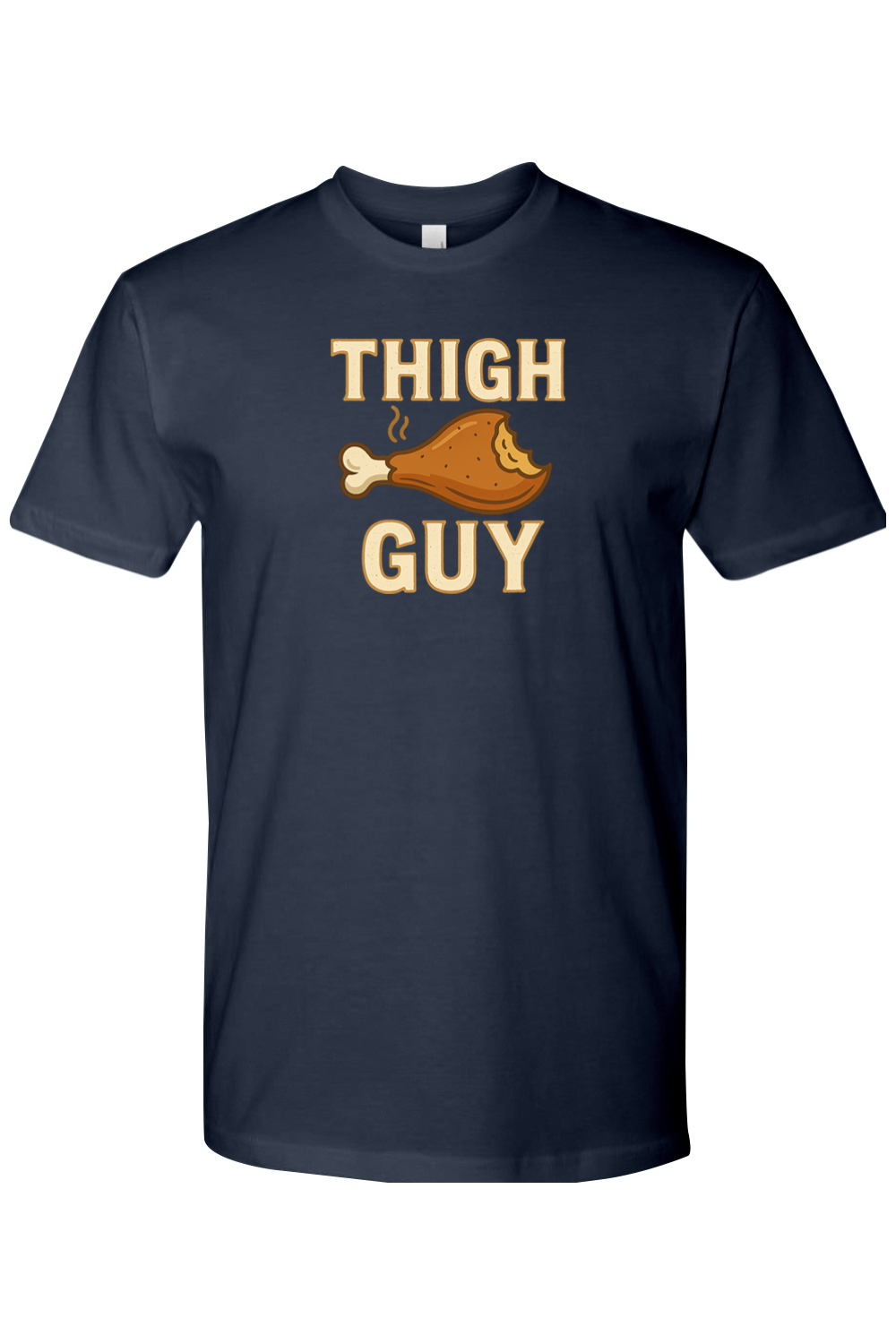 Navy blue Thanksgiving t-shirt with "Thigh Guy" text and a turkey leg design funny gym humor fall holiday short sleeve shirt