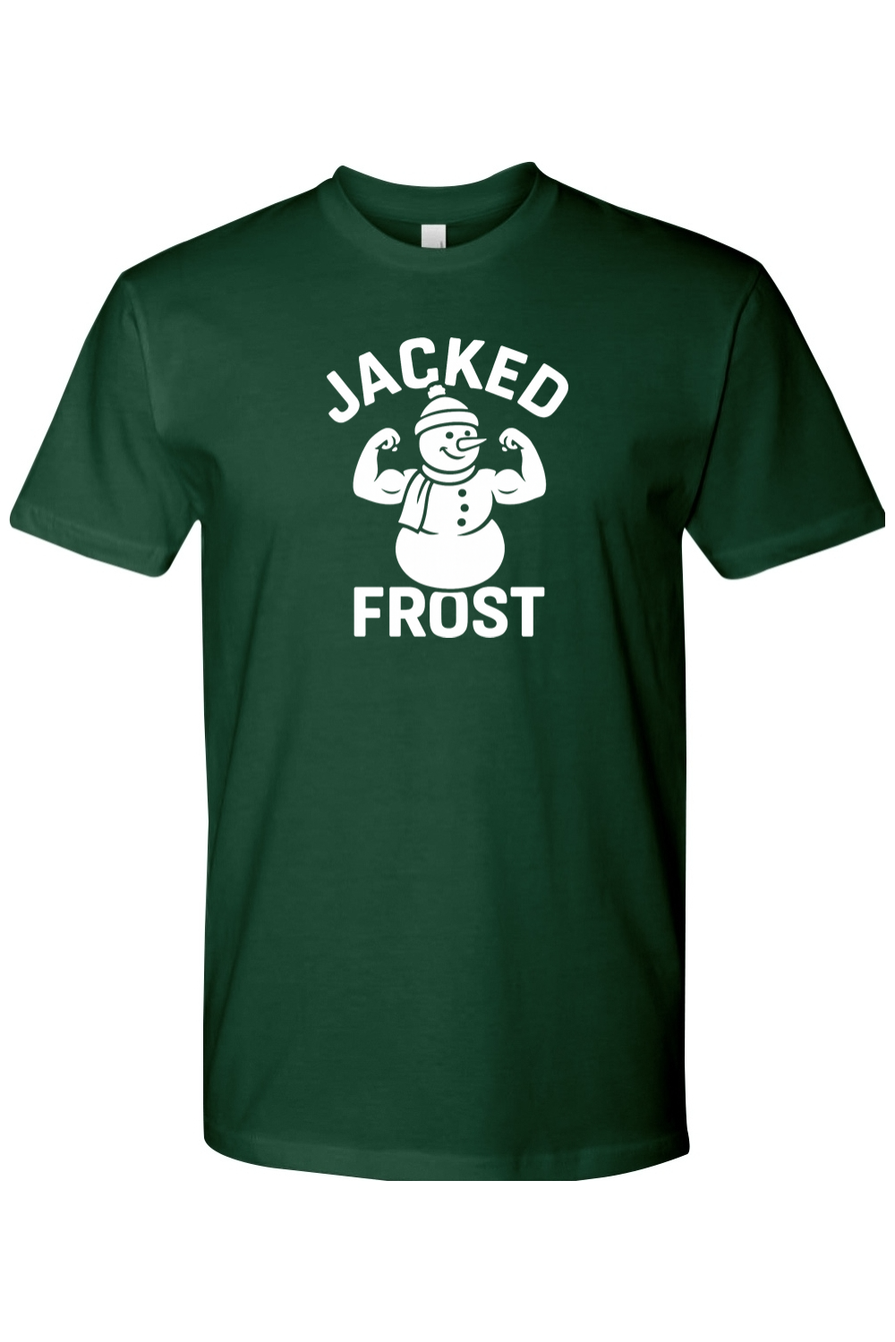 Dark green Christmas t-shirt with "Jacked Frost" text in white with a muscular snowman flexing his biceps design funny gym humor festive holiday short sleeve shirt