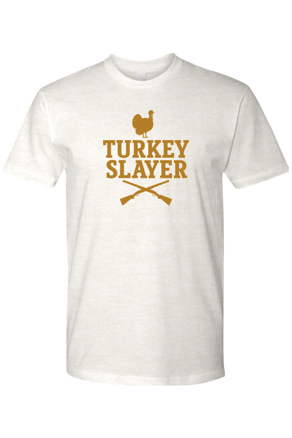 Light cream Thanksgiving t-shirt with "Turkey Slayer" text and turkey hunting design funny fall hunter holiday short sleeve shirt