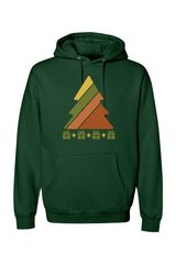 Dark green Christmas hoodie with a retro striped Christmas tree and presents underneath design cool trendy holiday long sleeve hooded sweatshirt