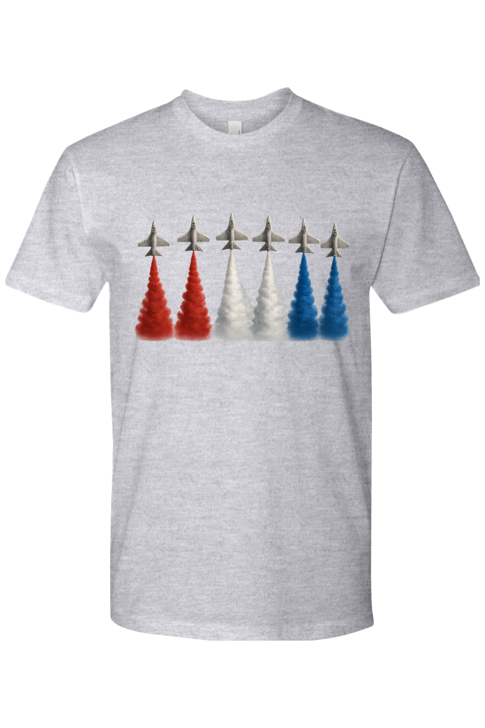 Gray t-shirt with Jets leaving red, white, and blue contrails.