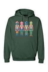Pine green Christmas hoodie with 4 colorful nutcrackers design cute girly festive holiday long sleeve hooded sweatshirt