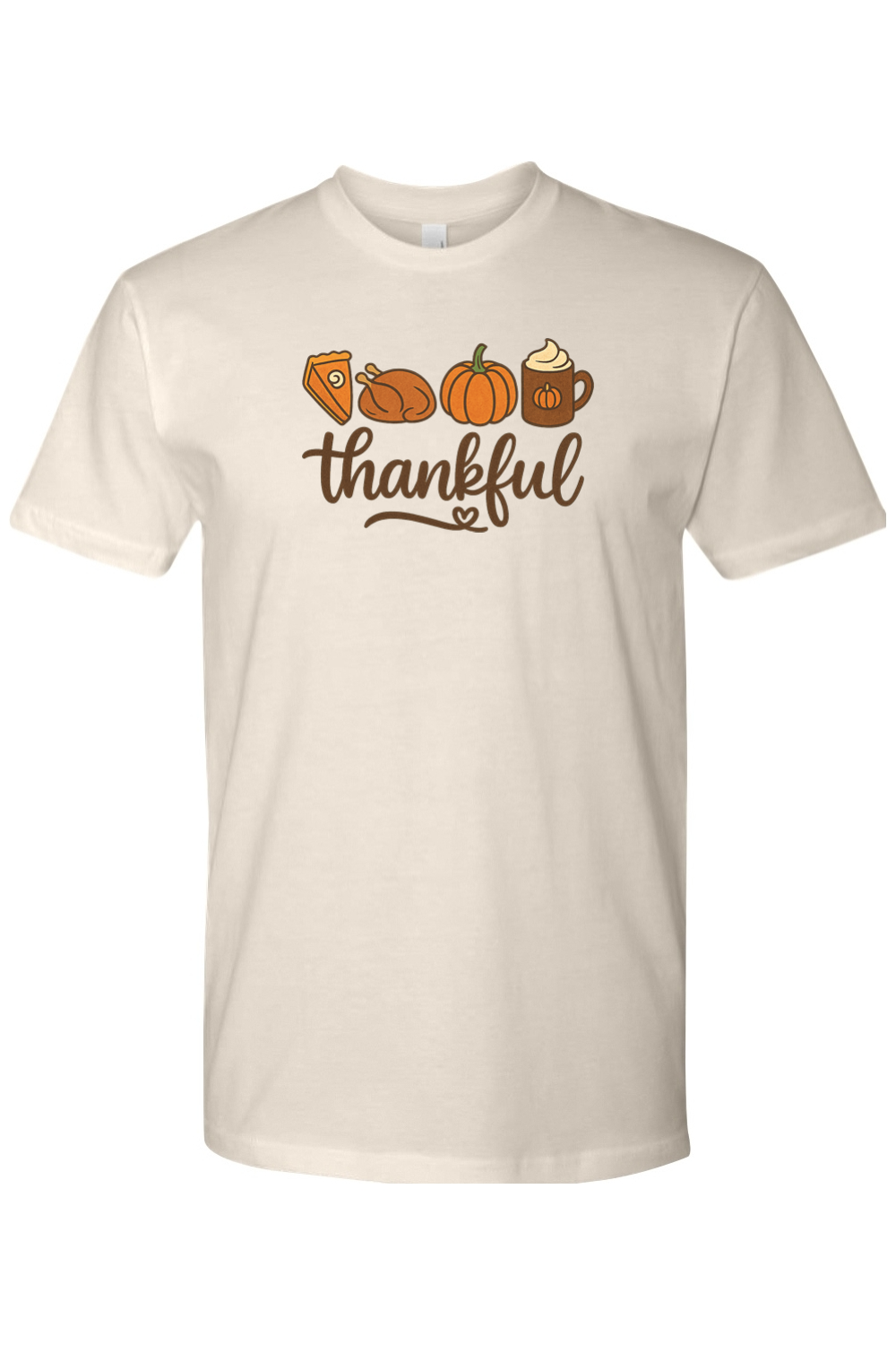 Beige cream Thanksgiving T-shirt with "Thankful" text with pumpkin pie, turkey, pumpkin, and pumpkin spice coffee design cute trendy girly fall short sleeve shirt