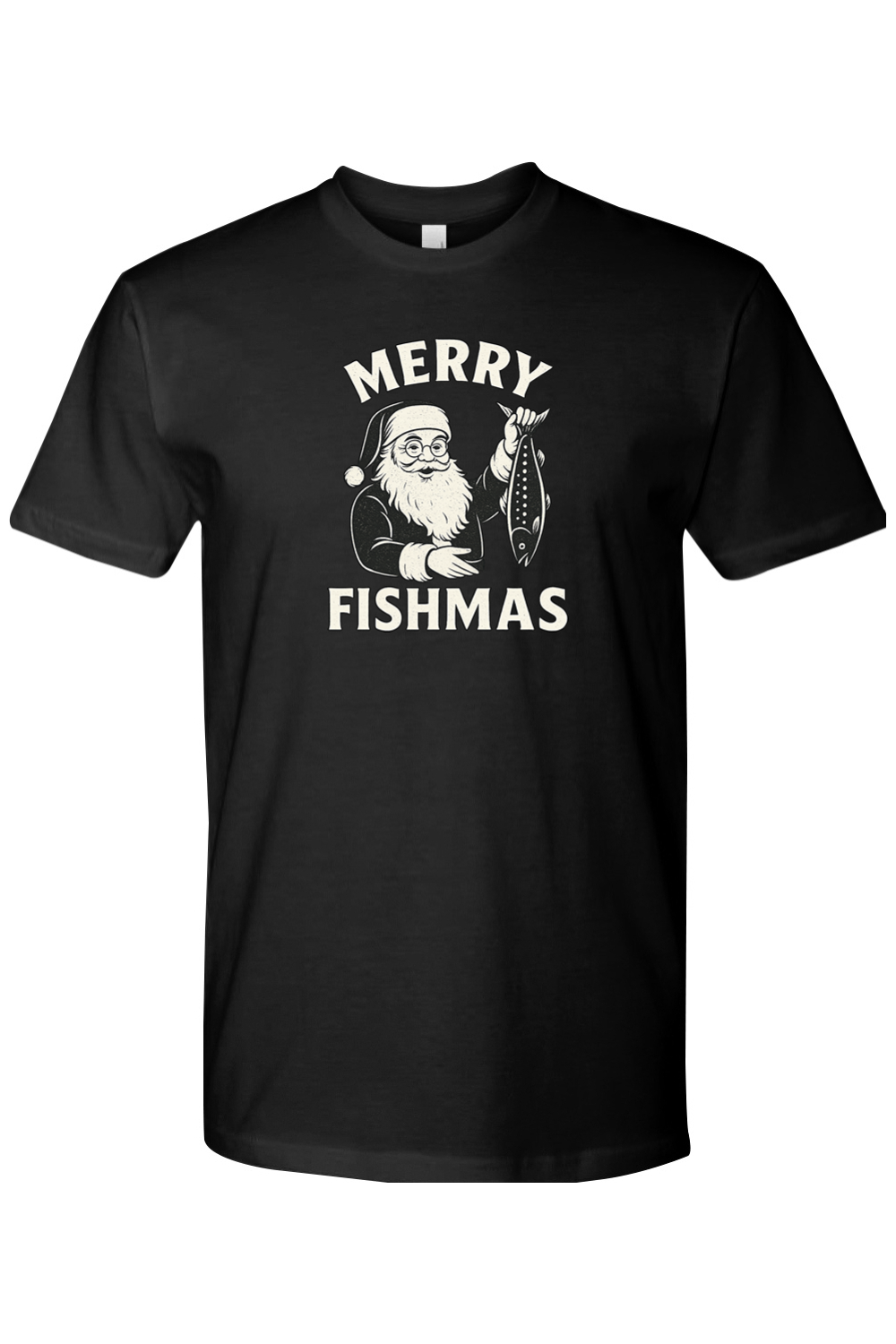 Black Christmas t-shirt with "Merry Fishmas" text with Santa holding a fish design funny fishing holiday festive short sleeve shirt