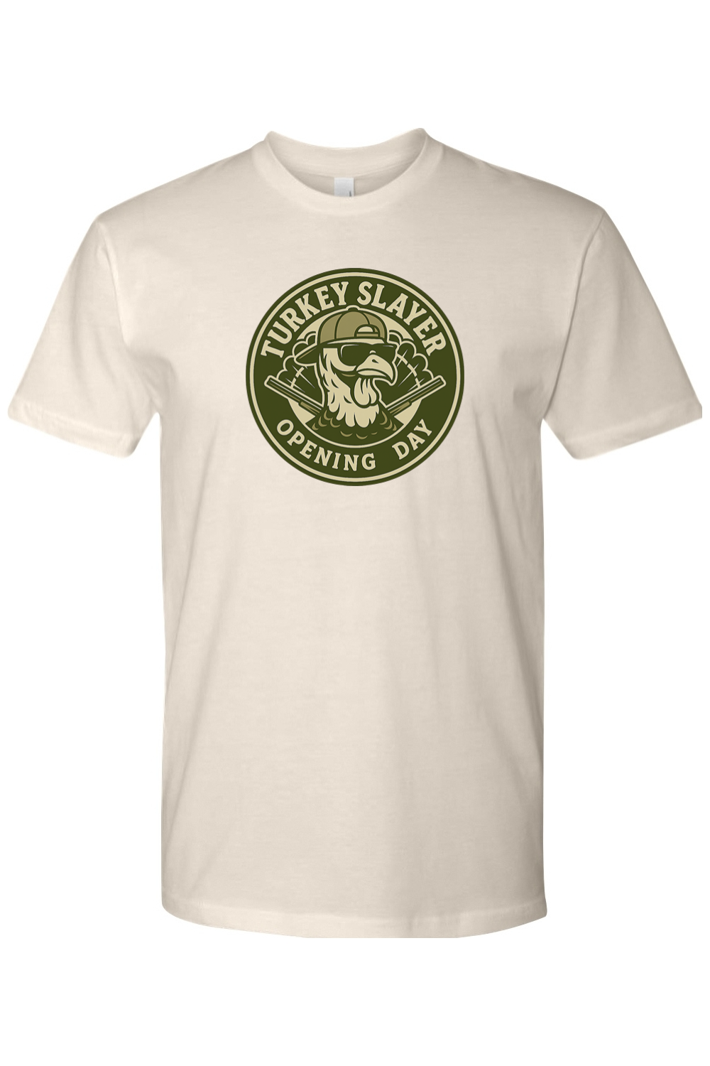 Cream beige Thanksgiving t-shirt with "Turkey Slayer Opening Day" text with a turkey badge design funny hunting fall short sleeve shirt