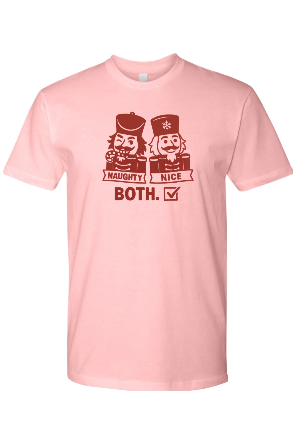 Light pink funny Christmas t-shirt with "Naughty Nice Both" text with a naughty looking nutcracker and a nice looking nutcracker design holiday humor short sleeve shirt