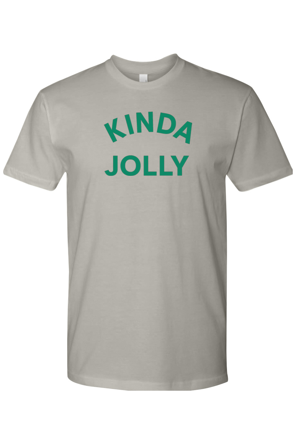 Gray Christmas t-shirt with "Kinda Jolly" text in green funny sarcastic holiday humor short sleeve shirt
