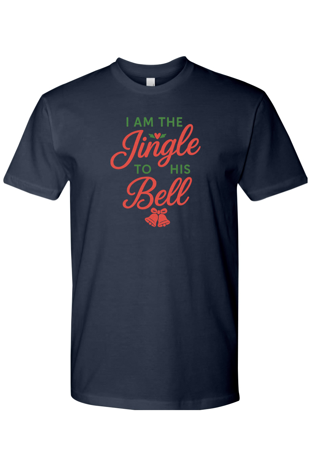 Navy blue Christmas t-shirt with "I am the Jingle to His Bell" text in red and green with a heart and bell design cute flirty women's festive holiday short sleeve shirt
