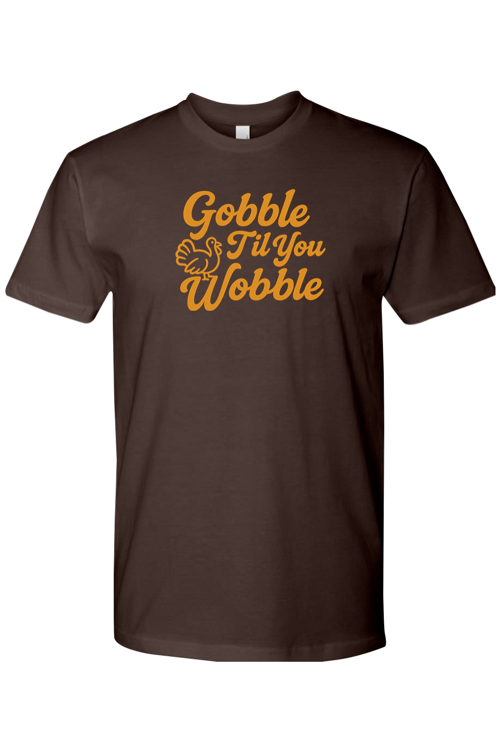 Brown Thanksgiving t-shirt with "Gobble Til You Wobble" text and a turkey design funny trendy fall holiday short sleeve shirt