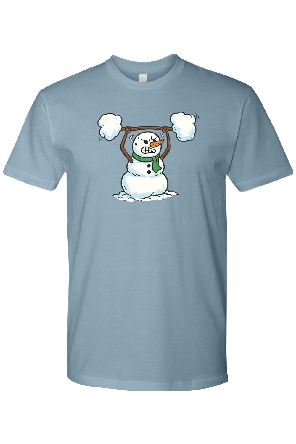 Blue Christmas t-shirt with a snowman lifting a snow barbell design funny gym humor winter holiday short sleeve shirt