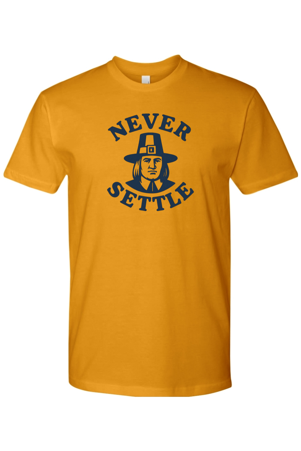 Mustard yellow Thanksgiving t-shirt with "Never Settle" text and a pilgrim design funny sarcastic fall holiday short sleeve shirt