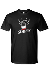 Black t-shirt with rock hand Santa Sleighin' funny Christmas holiday short sleeve T-Shirt