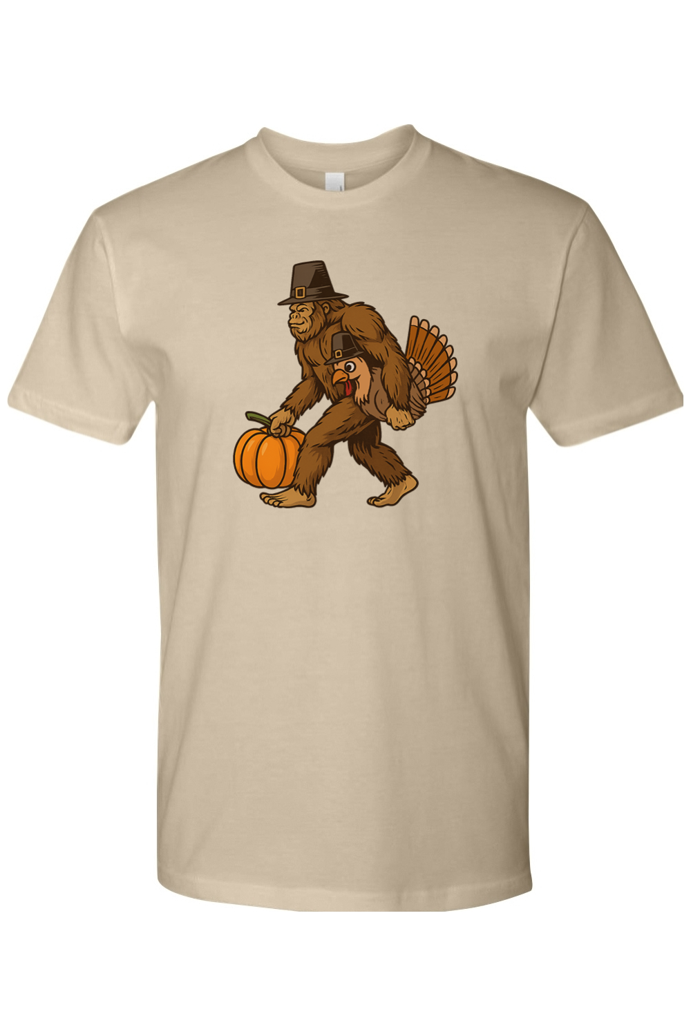 Dark sand beige Thanksgiving t-shirt with bigfoot sasquatch holding a pumpkin and a turkey design funny humor fall holiday short sleeve shirt