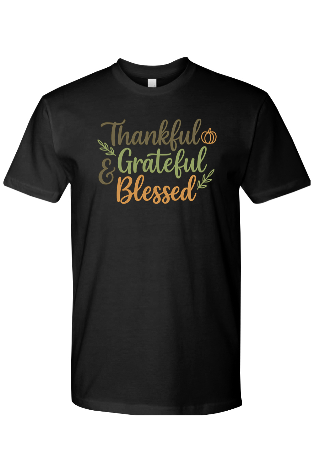 Black Thanksgiving t-shirt with "Thankful Grateful & Blessed" text with leaves and pumpkin design cute trendy fall holiday short sleeve shirt