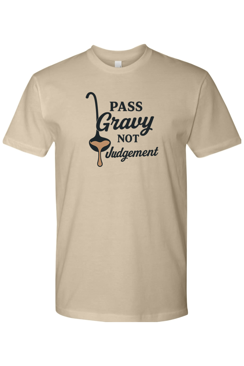 Dark beige Thanksgiving t-shirt with "Pass Gravy Not Judgement" text with a gravy spoon funny humor fall holiday short sleeve shirt