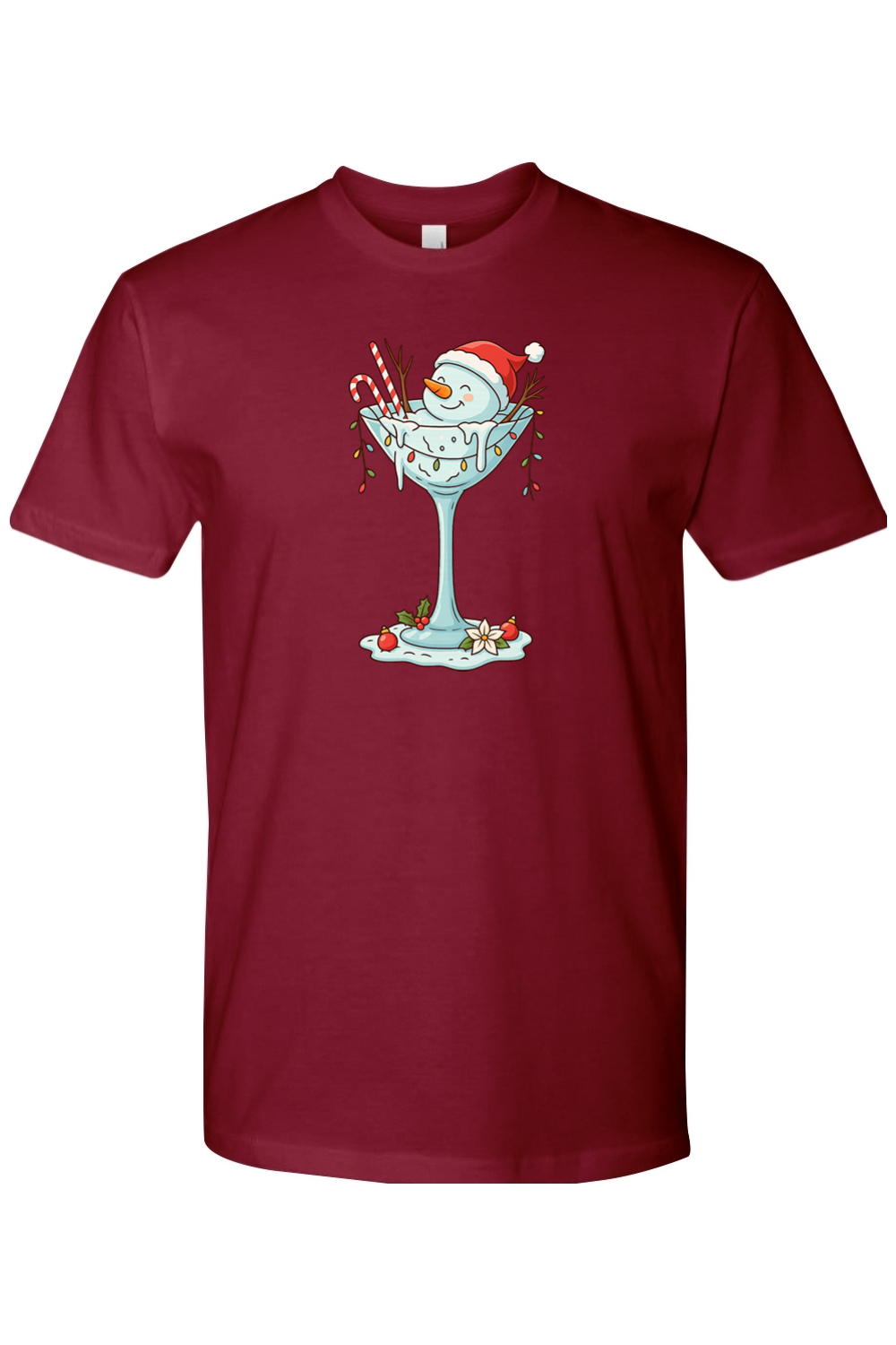 Burgundy Christmas t-shirt with a melted snowman sitting in a martini glass with candy canes, lights, and ornaments design cute festive holiday short sleeve shirt
