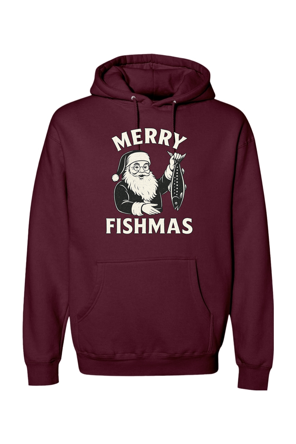 Maroon Christmas hoodie with "Merry Fishmas" text with Santa holding a fish design funny fishing holiday festive long sleeve hooded sweatshirt