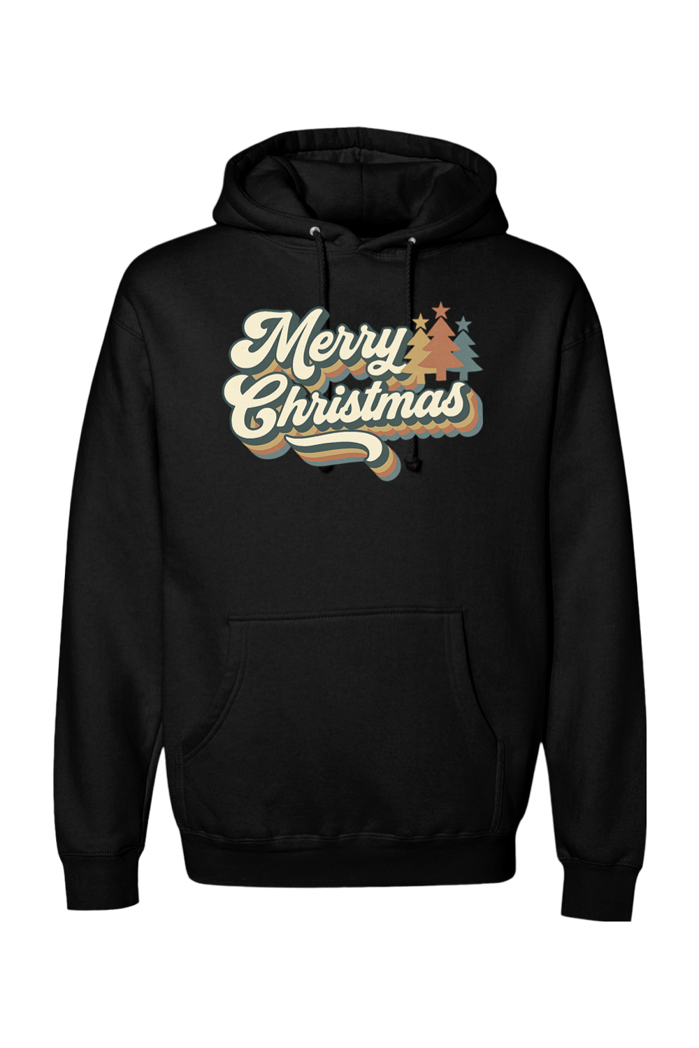 Black Christmas hoodie with "Merry Christmas" text in retro bubble font and Christmas trees design cute trendy festive holiday long sleeve hooded sweatshirt